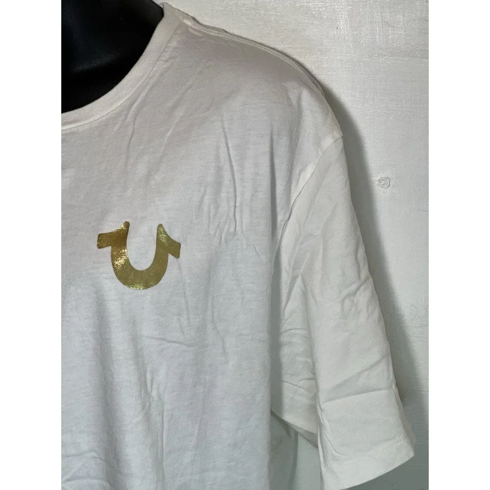 True Religion Men's XXL White Cotton Graphic Tee Buddha Gold Y2K